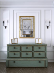 Vintage chest of drawers in classic style with mirror. 