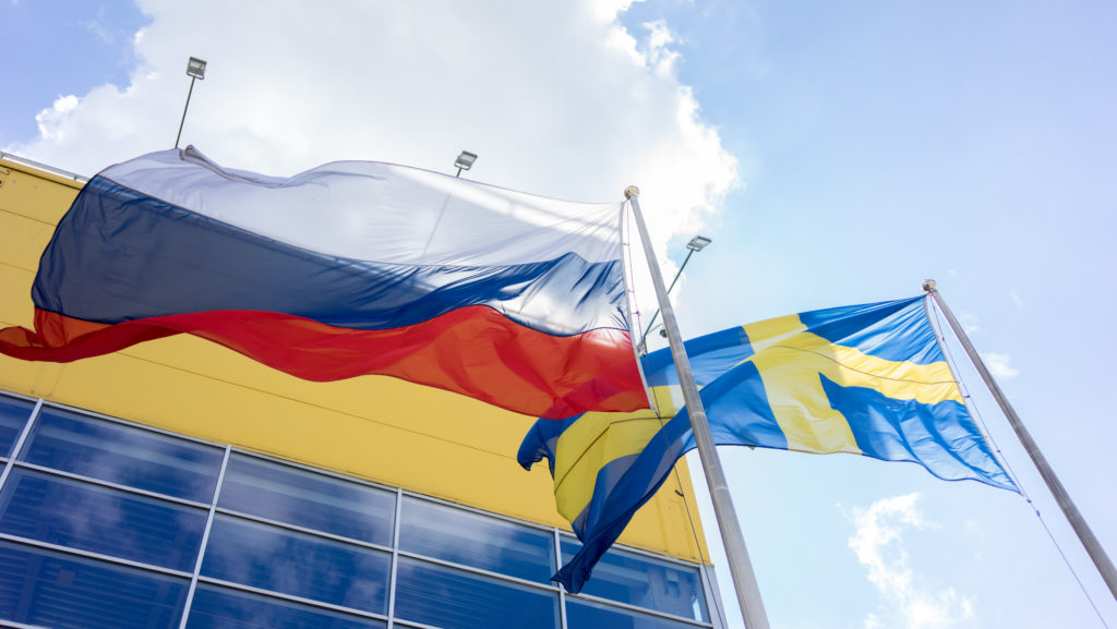Flag of Russia and Sweden near the Ikea store in Moscow